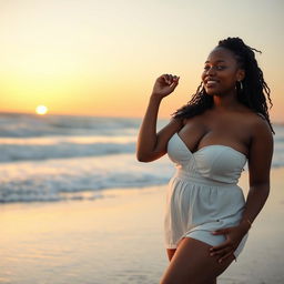 A 25-year-old Black woman with medium-sized breasts and a curvy figure, wearing a short skirt, enjoying her time at the beach