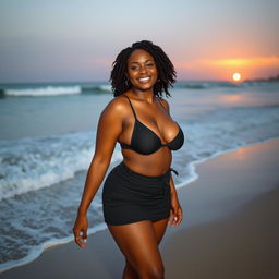 A 25-year-old Black woman with medium-sized breasts and a curvy figure, wearing a short skirt, enjoying her time at the beach