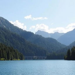 Create a beautiful landscape image featuring a serene lake surrounded by lush green forests and mountains in the background