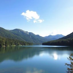 Create a beautiful landscape image featuring a serene lake surrounded by lush green forests and mountains in the background