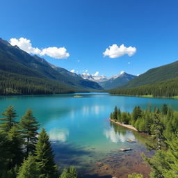 Create a beautiful landscape image featuring a serene lake surrounded by lush green forests and mountains in the background