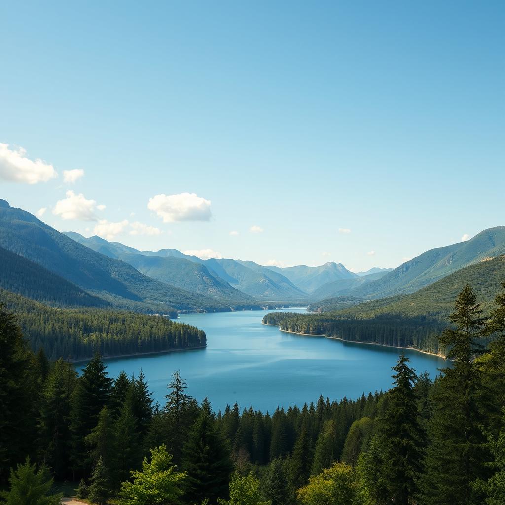 Create a beautiful landscape image featuring a serene lake surrounded by lush green forests and mountains in the background