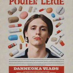 Create a powerful and evocative poster that portrays drugs as a burden to health, causing social, psychological, legal, and economic issues. Include a strong slogan that emphasizes the negative impacts of substance abuse.