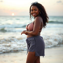 A cute Black Latina girl with large breasts and a big curvy figure, wearing a short skirt and a bikini top, enjoying her time at the beach