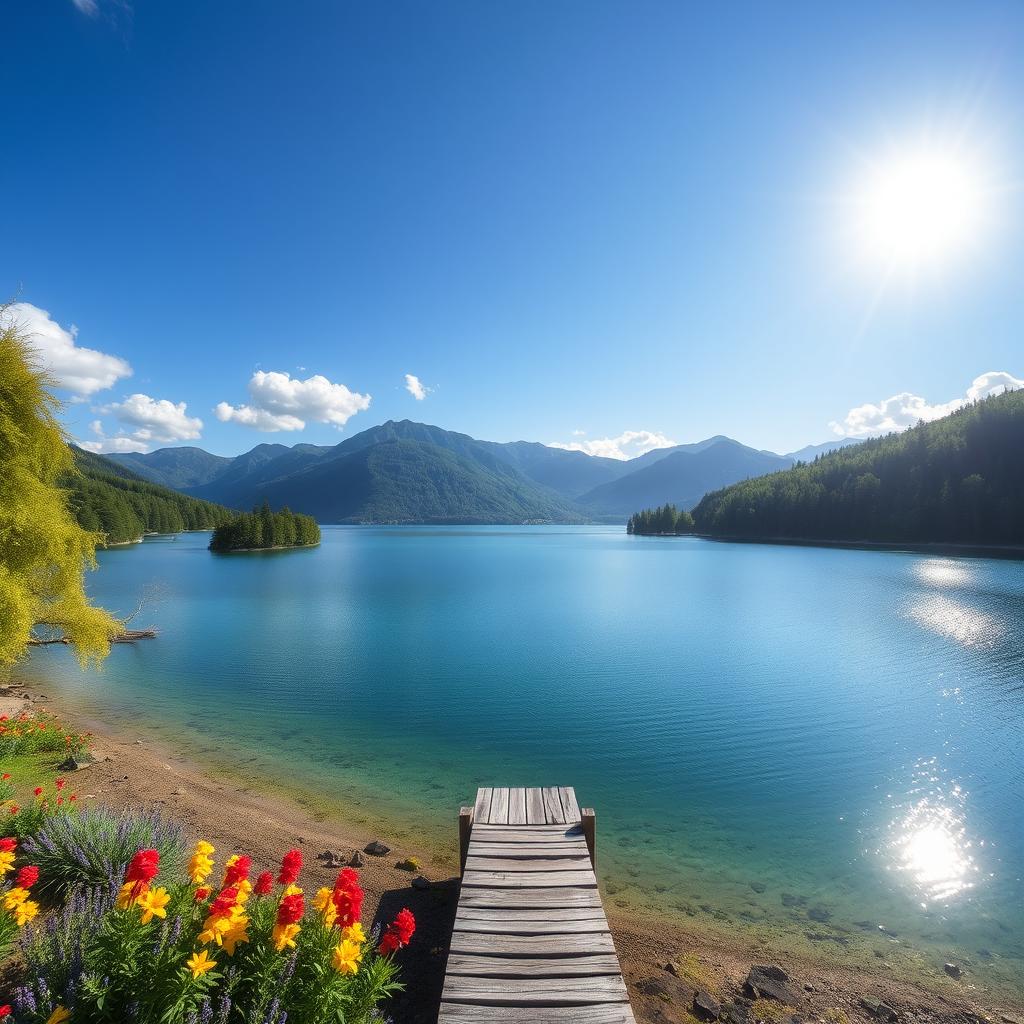 A beautiful landscape featuring a serene lake surrounded by lush green trees and mountains in the background