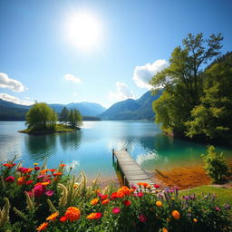 A beautiful landscape featuring a serene lake surrounded by lush green trees and mountains in the background