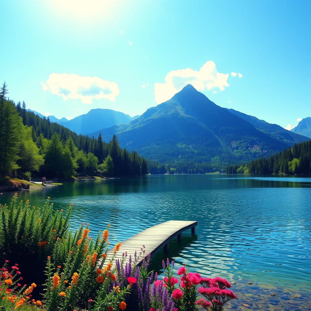 A beautiful landscape featuring a serene lake surrounded by lush green trees and mountains in the background