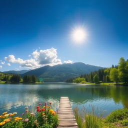 A beautiful landscape featuring a serene lake surrounded by lush green trees and mountains in the background