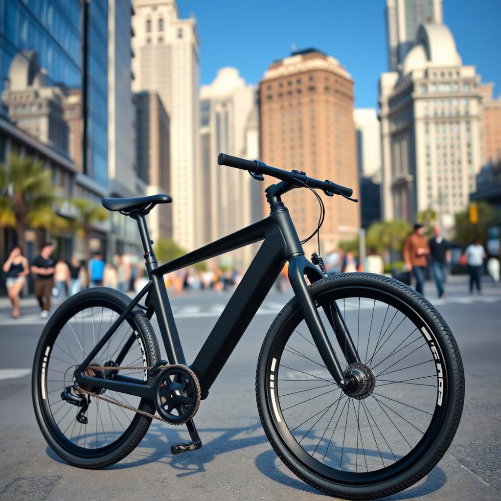 A sleek, modern bicycle parked on a city street