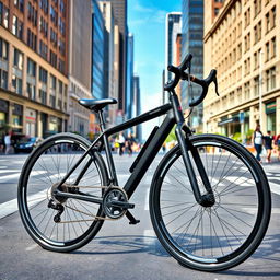 A sleek, modern bicycle parked on a city street