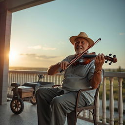 Um homem velho tocando viola caipira na varanda de sua casa, ao lado de um carro de boi e um pé de jenipapo