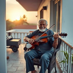 Um homem velho tocando viola caipira na varanda de sua casa, ao lado de um carro de boi e um pé de jenipapo