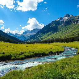 A serene landscape featuring a lush green meadow, a crystal-clear river flowing through it, and a majestic mountain range in the background under a bright blue sky with fluffy white clouds