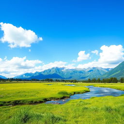 A serene landscape featuring a lush green meadow, a crystal-clear river flowing through it, and a majestic mountain range in the background under a bright blue sky with fluffy white clouds