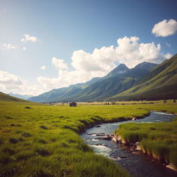 A serene landscape featuring a lush green meadow, a crystal-clear river flowing through it, and a majestic mountain range in the background under a bright blue sky with fluffy white clouds