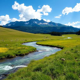 A serene landscape featuring a lush green meadow, a crystal-clear river flowing through it, and a majestic mountain range in the background under a bright blue sky with fluffy white clouds