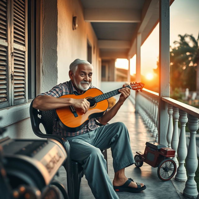 Um homem velho tocando violão caipira na varanda de sua casa, ao lado de um carro de boi e um pé de jenipapo