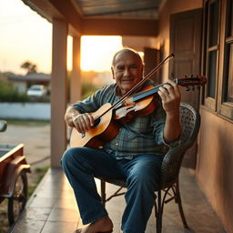 Um homem velho tocando violão caipira na varanda de sua casa, ao lado de um carro de boi e um pé de jenipapo