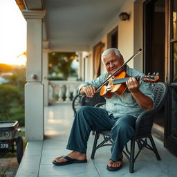 Um homem velho tocando violão caipira na varanda de sua casa, ao lado de um carro de boi e um pé de jenipapo