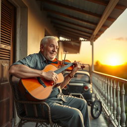 Um homem velho tocando violão na varanda de sua casa, ao lado de um carro de boi e um pé de jenipapo