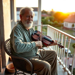 Um homem velho tocando violão na varanda de sua casa, ao lado de um carro de boi e um pé de jenipapo