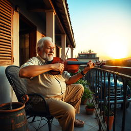 Um homem velho tocando violão na varanda de sua casa, ao lado de um carro de boi e um pé de jenipapo