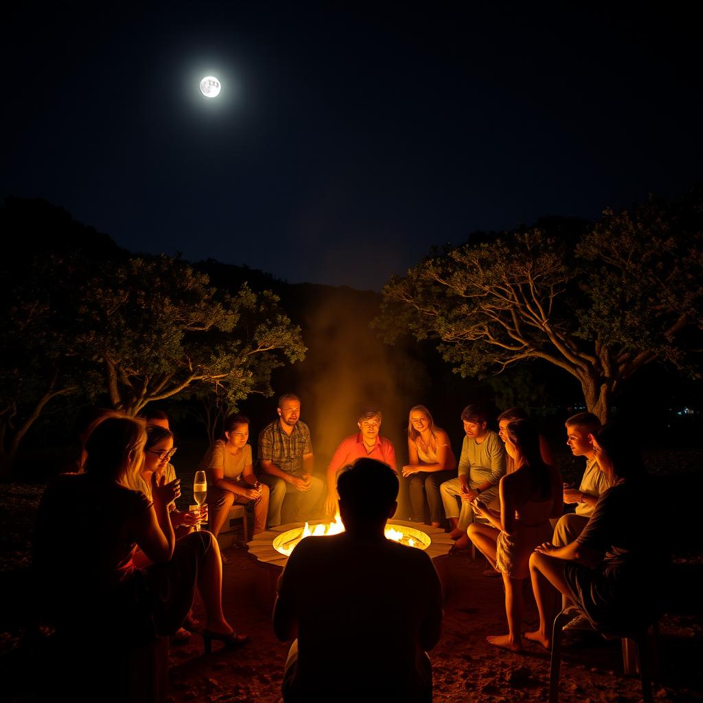 Uma noite enluarada com pessoas reunidas em volta de uma fogueira