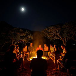 Uma noite enluarada com pessoas reunidas em volta de uma fogueira