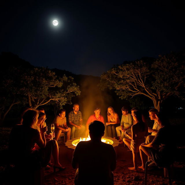 Uma noite enluarada com pessoas reunidas em volta de uma fogueira