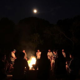 Uma noite enluarada com pessoas reunidas em volta de uma fogueira