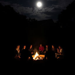 Uma noite enluarada com pessoas reunidas em volta de uma fogueira