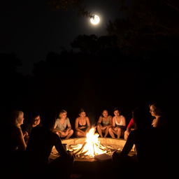 Uma noite enluarada com pessoas reunidas em volta de uma fogueira