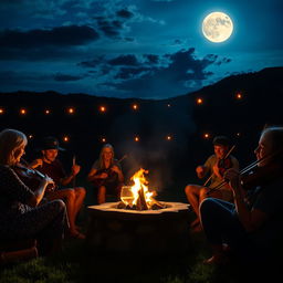 Uma noite enluarada com pessoas sentadas em volta de uma fogueira, tocando violão e cantando