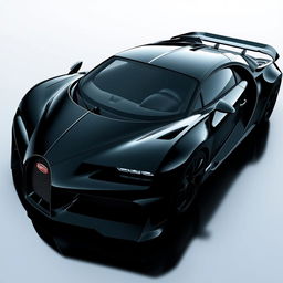 Create an image of a sleek black supercar with aggressive lines, inspired by the design of a Bugatti