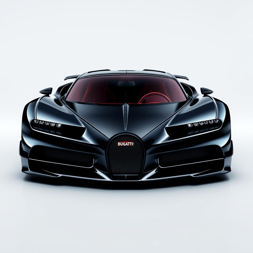 Create an image of a sleek black supercar with aggressive lines, inspired by the design of a Bugatti
