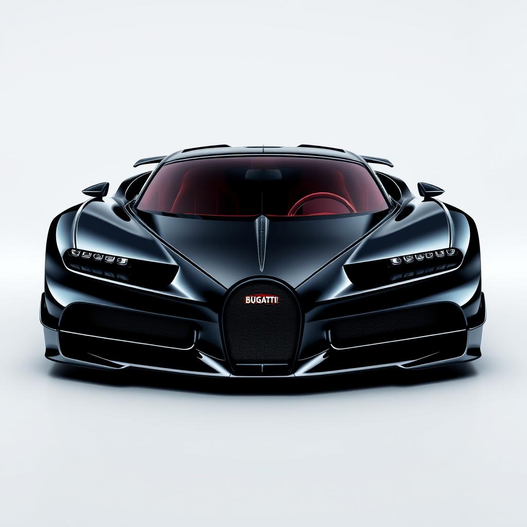 Create an image of a sleek black supercar with aggressive lines, inspired by the design of a Bugatti