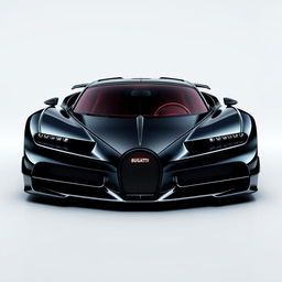 Create an image of a sleek black supercar with aggressive lines, inspired by the design of a Bugatti