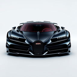 Create an image of a sleek black supercar with aggressive lines, inspired by the design of a Bugatti