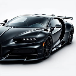 Create an image of a sleek black supercar with aggressive lines, inspired by the design of a Bugatti