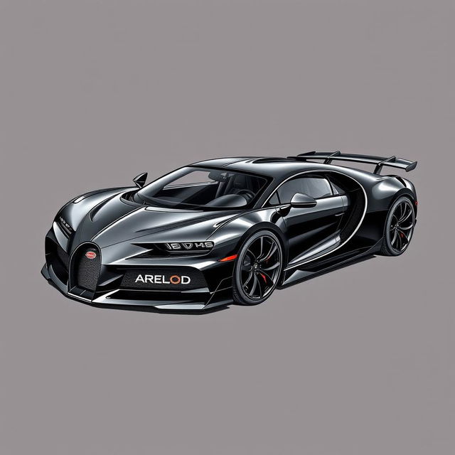 Create an image of a sleek black supercar with aggressive lines, inspired by the design of a Bugatti