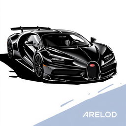 Create an image of a sleek black supercar with aggressive lines, inspired by the design of a Bugatti