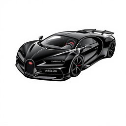 Create an image of a sleek black supercar with aggressive lines, inspired by the design of a Bugatti