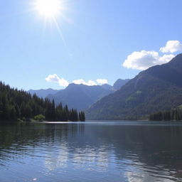 A beautiful landscape featuring a serene lake surrounded by lush green trees and majestic mountains in the background