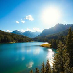 A beautiful landscape featuring a serene lake surrounded by lush green trees and majestic mountains in the background