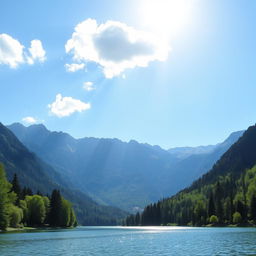 A beautiful landscape featuring a serene lake surrounded by lush green trees and majestic mountains in the background