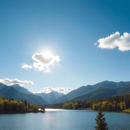 A beautiful landscape featuring a serene lake surrounded by lush green trees and majestic mountains in the background