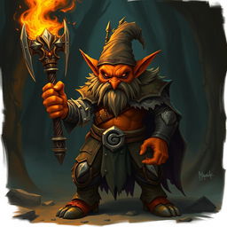 A fierce hobgoblin warrior wizard with orange skin, wielding a flaming mace