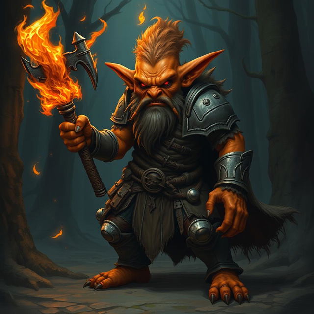 A fierce hobgoblin warrior wizard with orange skin, wielding a flaming mace