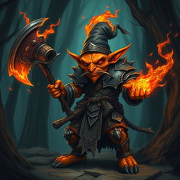 A fierce hobgoblin warrior wizard with orange skin, wielding a flaming mace