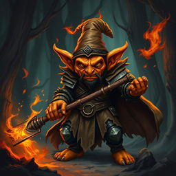 A fierce hobgoblin warrior wizard with orange skin, wielding a flaming mace